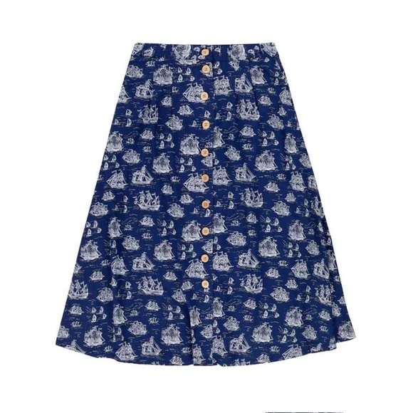 HALEY ECOVERO GALLEON PRINT BUTTON MIDI SKIRT Joanie Molly Hatch Pockets - Picture 1 of 8